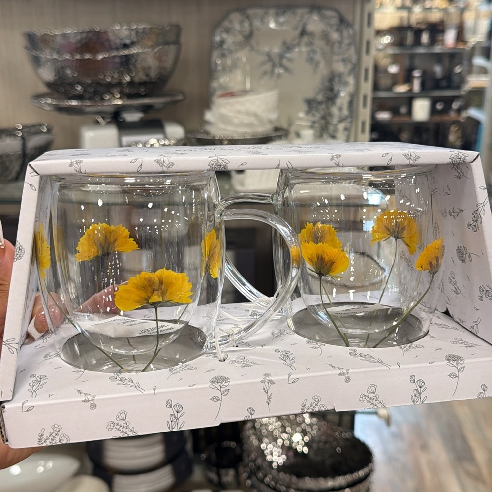 Set of Glass Mugs with Yellow Floral Design